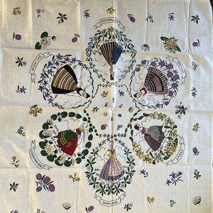 Vintage Swedish 34”x 37” Cotton Tablecloth Six Provinces Depicted New Crisp